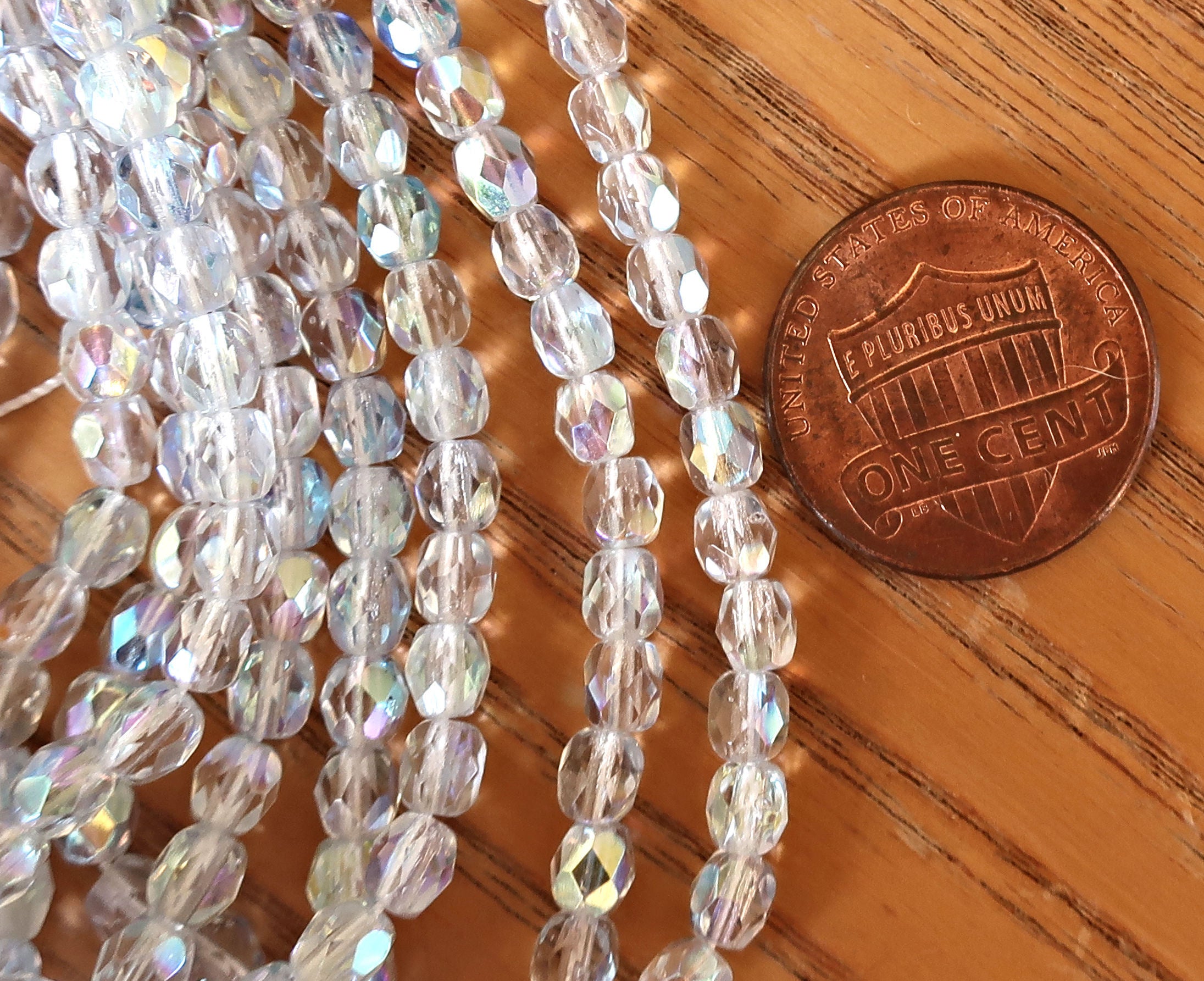 Lot of 50 4mm Czech Light Sapphire Blue AB Czech glass beads, firepolished faceted round beads C3650 - Glorious Glass Beads