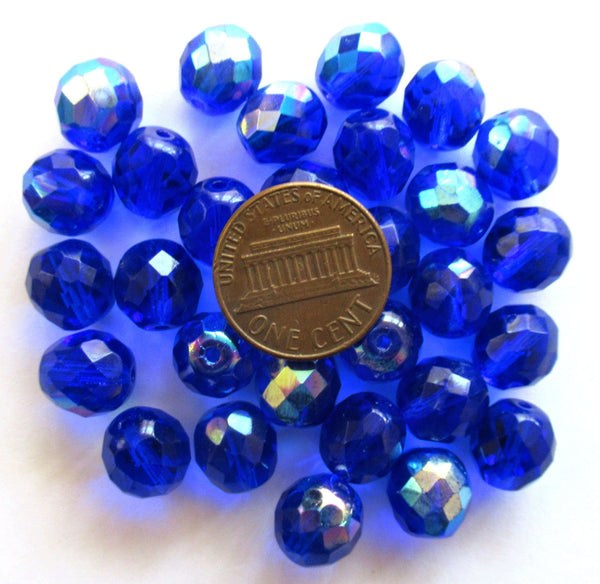 Twenty 10mm Czech glass beads - cobalt blue AB fire polished faceted round beads C00501