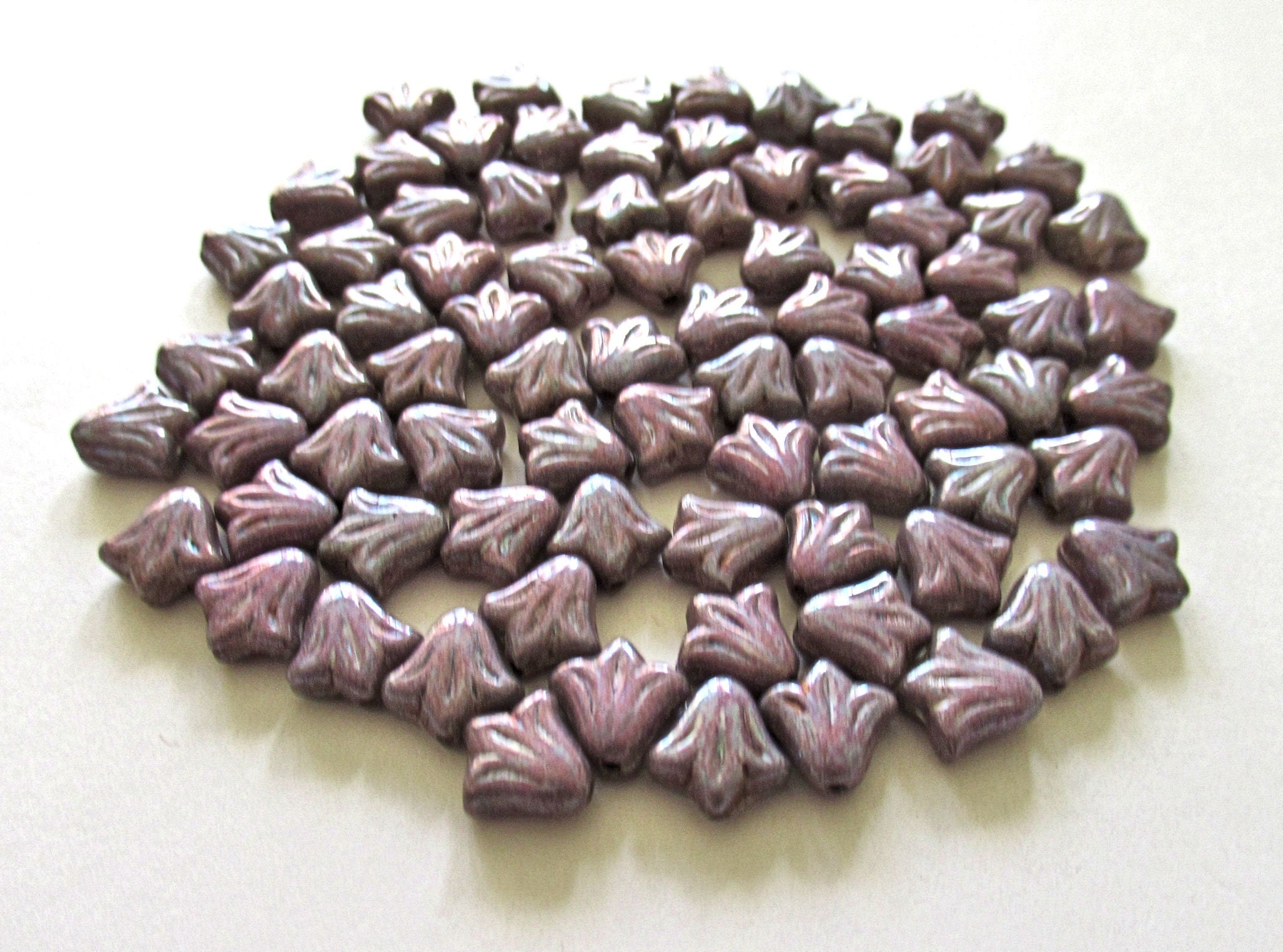 Lot of 25 9mm Czech glass flower beads - opaque purple amethyst pressed glass lily flower beads C0047