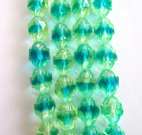 Ten Czech glass turbine beads - 10 x 8mm light green & aqua blue mix faceted fire polished beads C00002