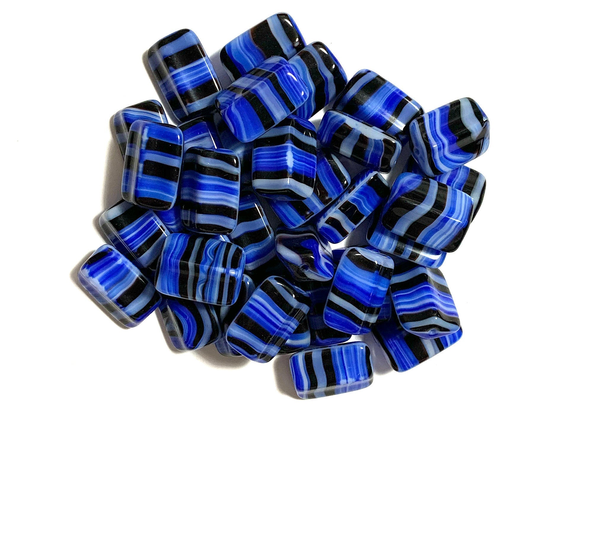 Ten Czech glass rectangle beads - 16 x 12mm blue, black, and white striped - 4-sided diamond shaped large, chunky rectangle beads C0005