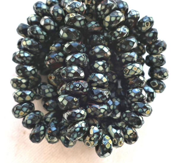 Ten 9mm x 6mm Jet Black Picasso Czech glass beads, faceted round roller, rondelle beads, big 3.5mm hole beads C50110 - Glorious Glass Beads