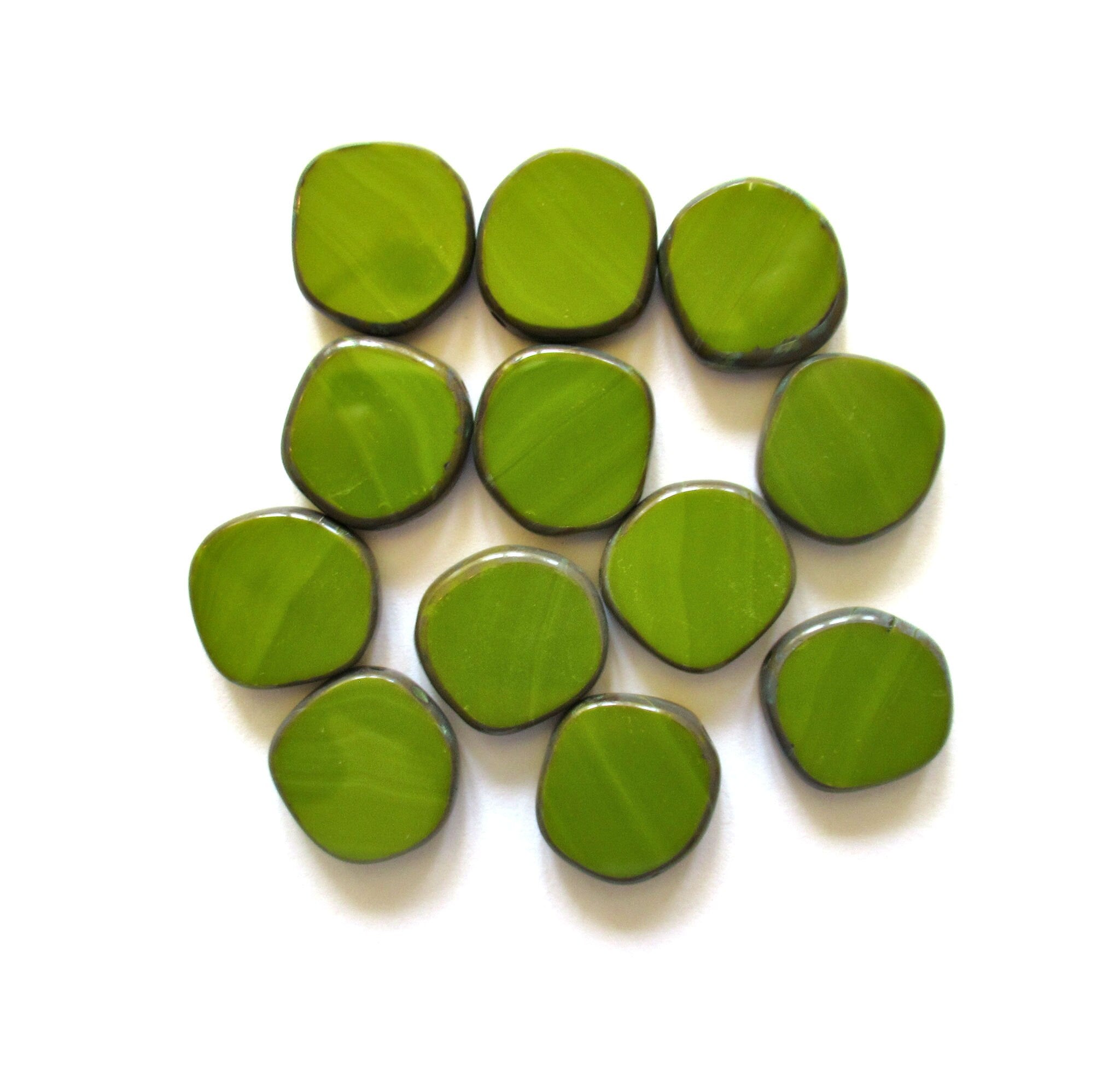 Six 15mm Czech glass asymmetrical coin or disc beads - opaque avocado green silk picasso table cut beads - C00201