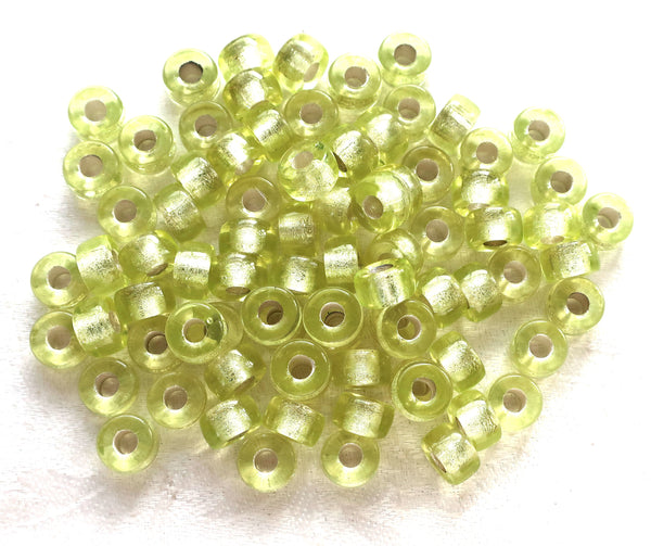 Lot of 25 9mm Jonquil yellow green silver lined Czech glass pony roller beads, large hole crow beads, C4601