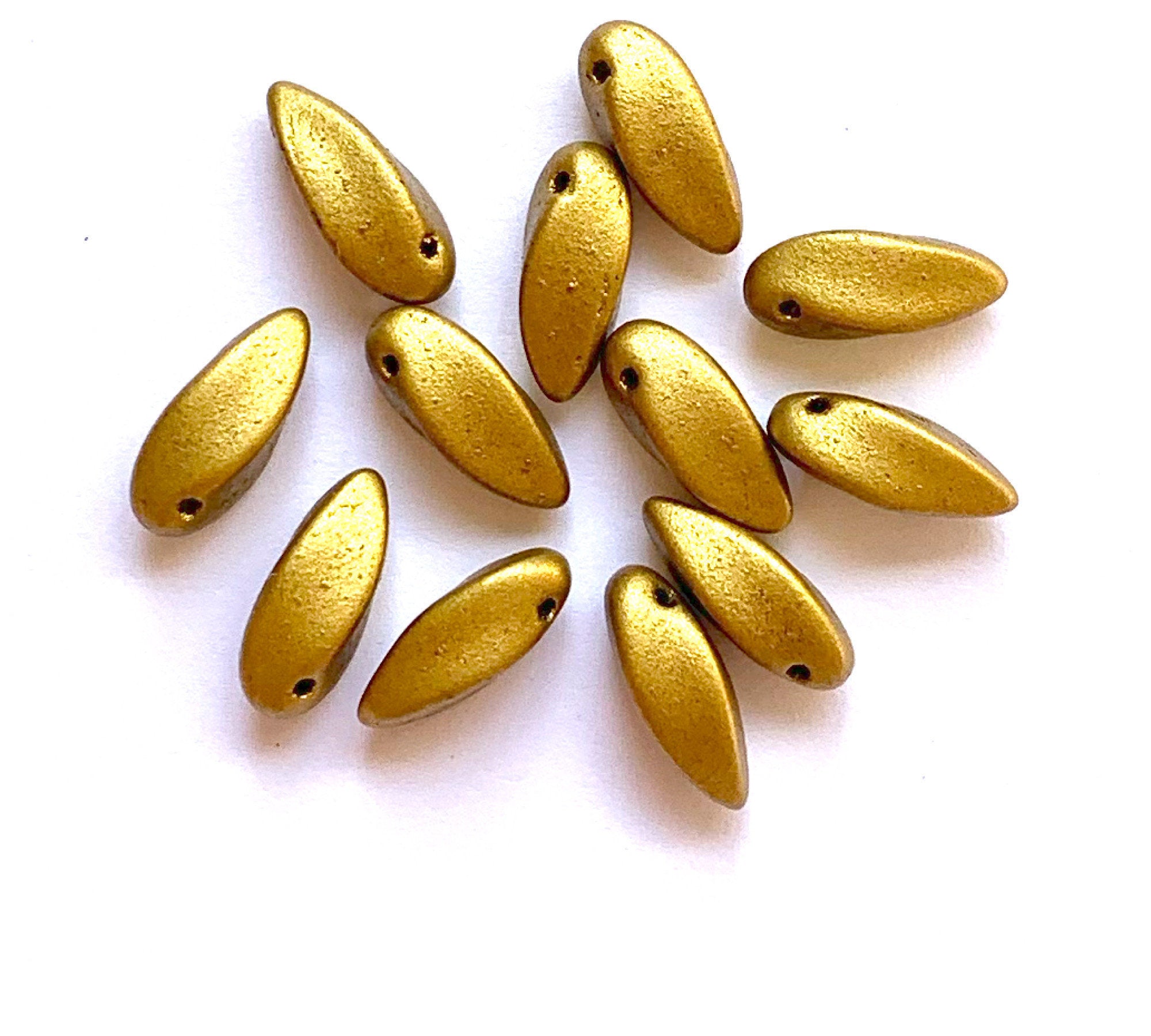 20 Czech glass twisted teardrop, petal or dagger beads - top drilled 6 x 12mm matte metallic gold pressed glass beads C0038