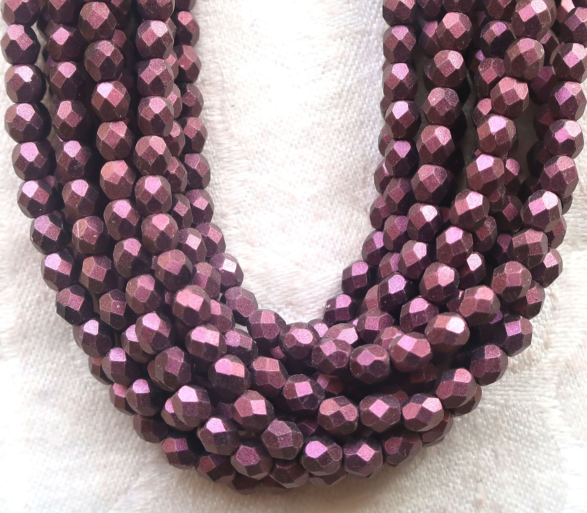 Lot of 50 4mm Czech glass beads, matte metallic suede, sueded pink fireploished, faceted roind beads 9650 - Glorious Glass Beads