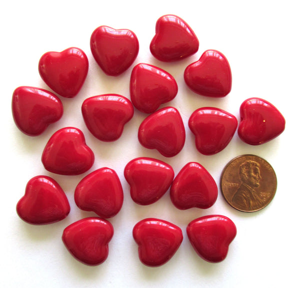 Lot of 6 Czech glass large heart beads - 16 x 15mm opaque red heart shaped beads C0067