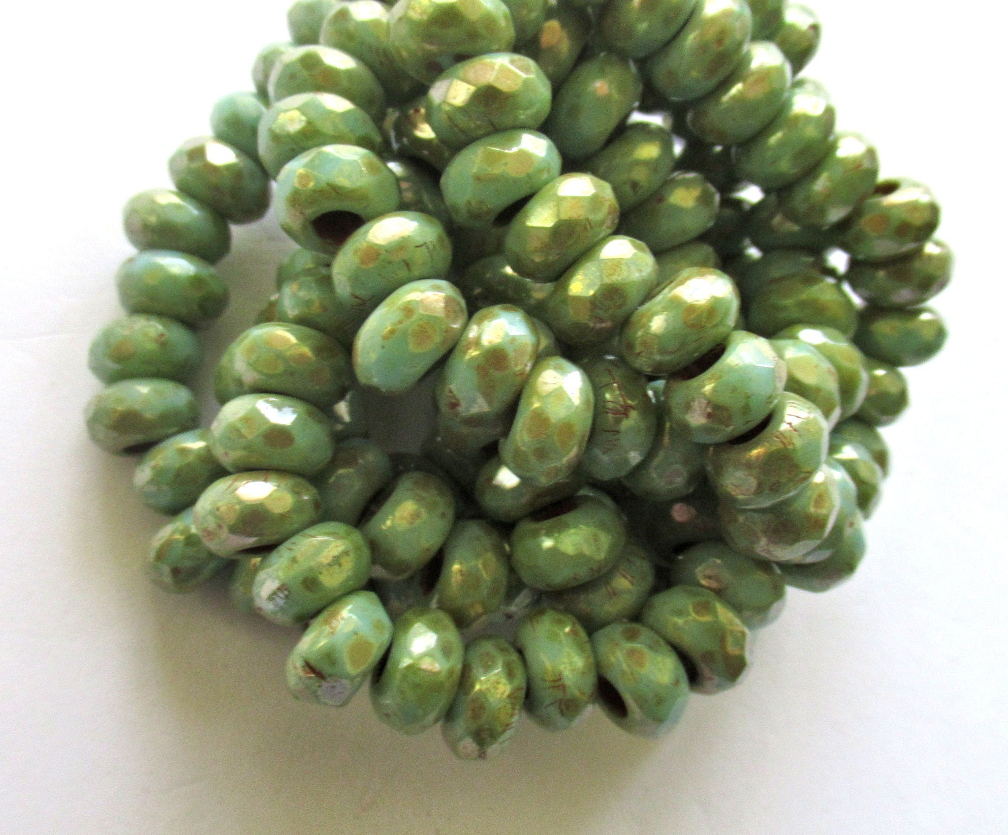 Ten 6 x 9mm turquoise green picasso Czech glass beads, faceted round roller, rondelle beads - big 3.5mm hole beads C0441