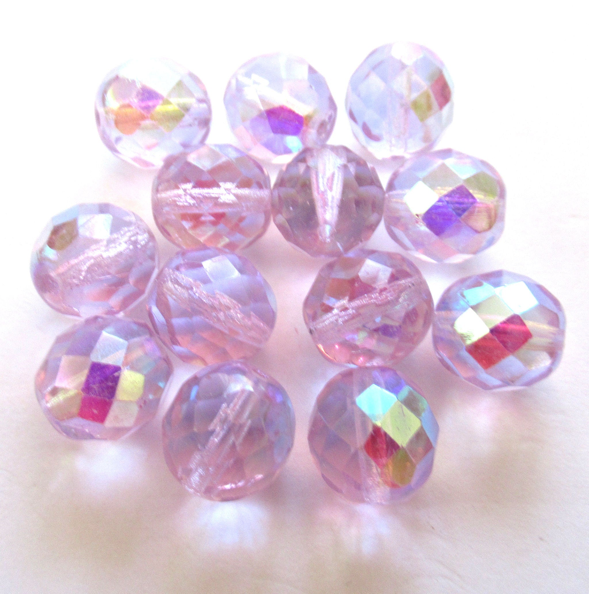 Ten large 12mm Czech glass fire polished faceted round beads - alexandrite, lilac, lavender AB beads C0089