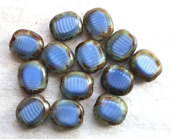 five lage oval Czech glass beads, 14 x 12mm opaque mabled blue & white glass, flat tablecut window beads with a picasso finish C00101