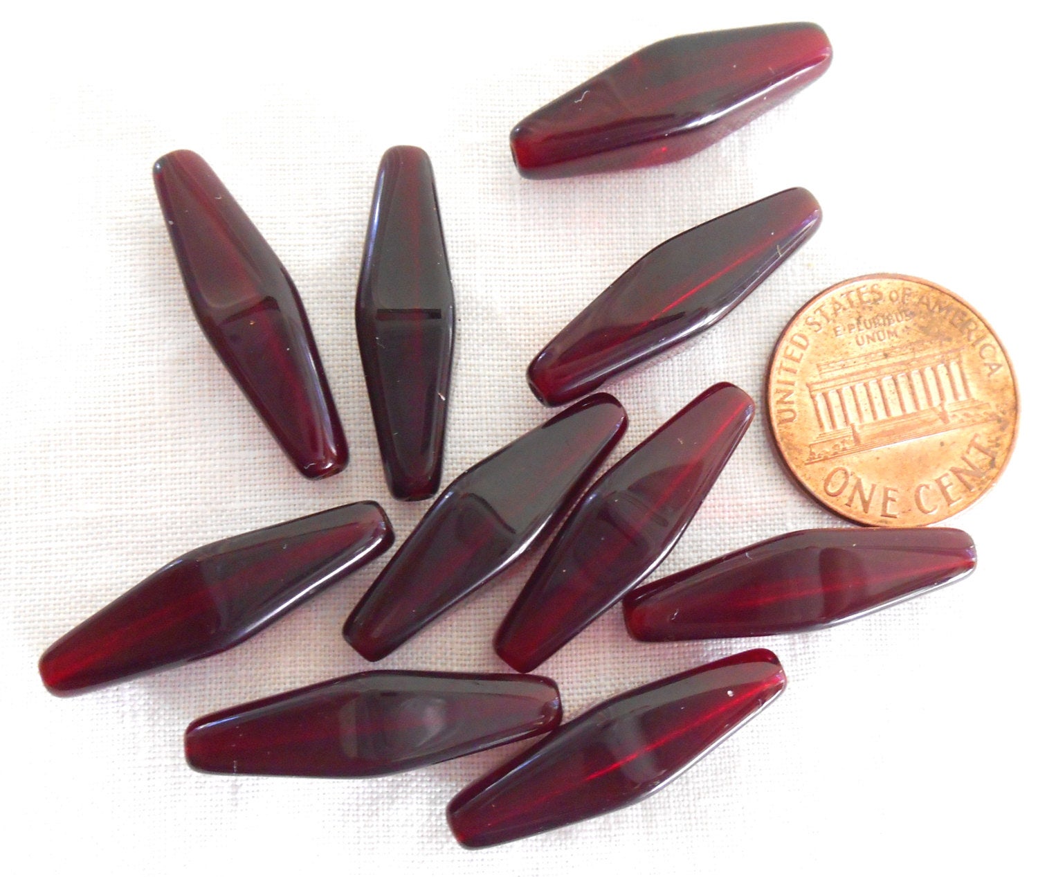 10 24 x 9mm garnet, ruby red glass long lantern or tube beads C4210