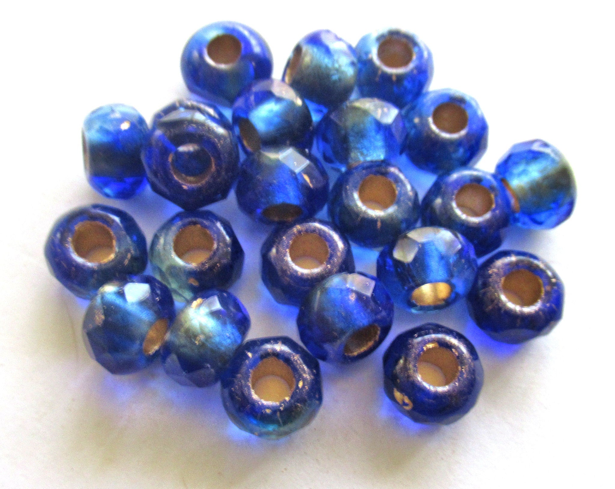 Ten Czech glass roller beads - 6 x 9mm sapphire blue gold lined, faceted roller, rondelle, big 3.5mm hole beads C00621