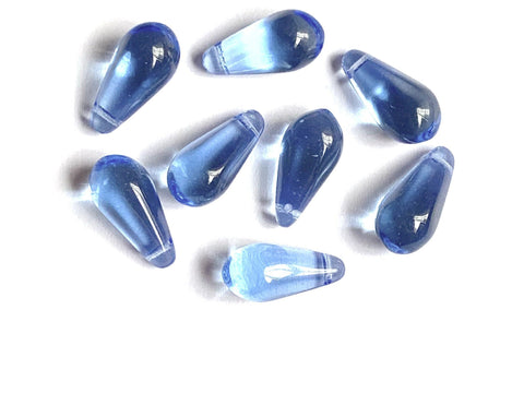Ten large Czech glass teardrop beads - 9 x 18mm transparent light sapphire blue pressed glass side drilled faceted drops six sides C0008