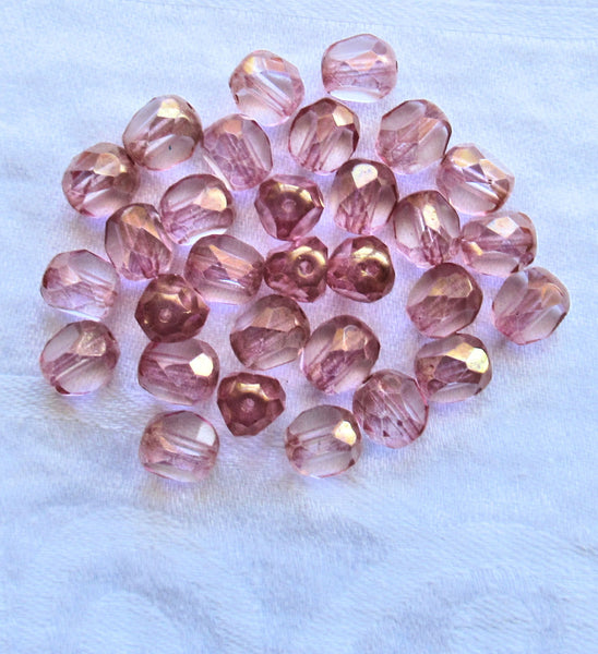 25 Tricut, Tri-cut Czech glass Round beads - pink with gold accents - 8mm - table cut faceted window beads - C61201