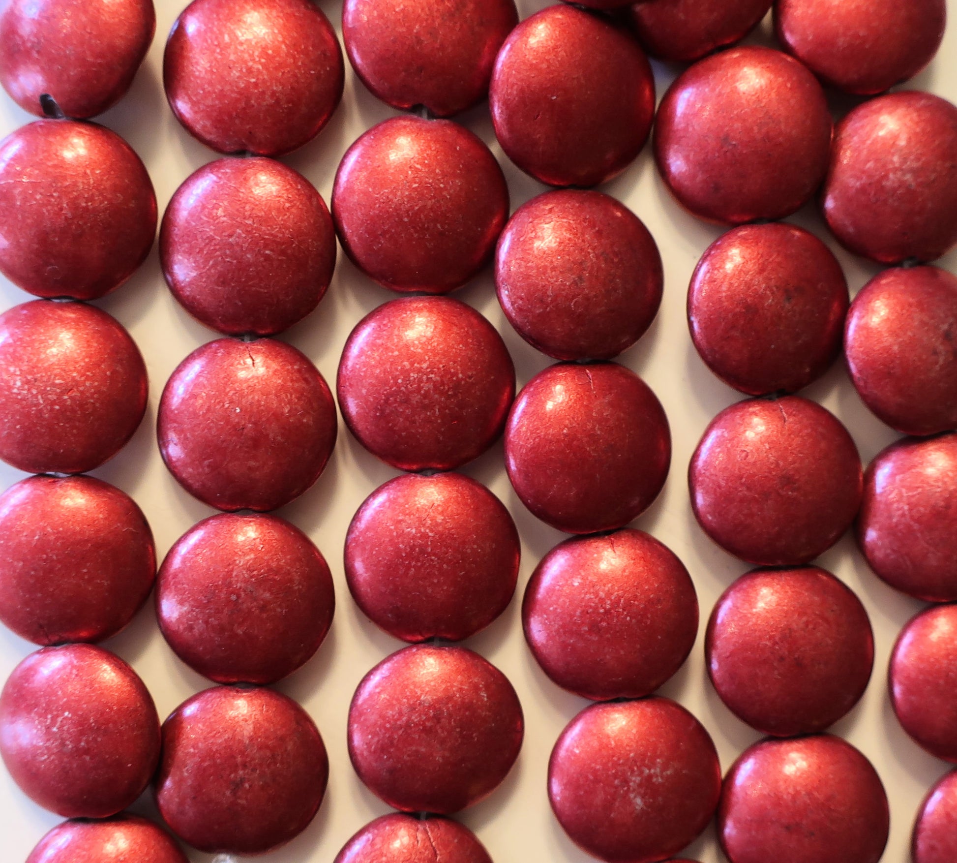 Lot of 8 Czech glass coin beads - 14mm puffy pillow beads - Saturated Matallic Aurora Red - C8701 - Glorious Glass Beads