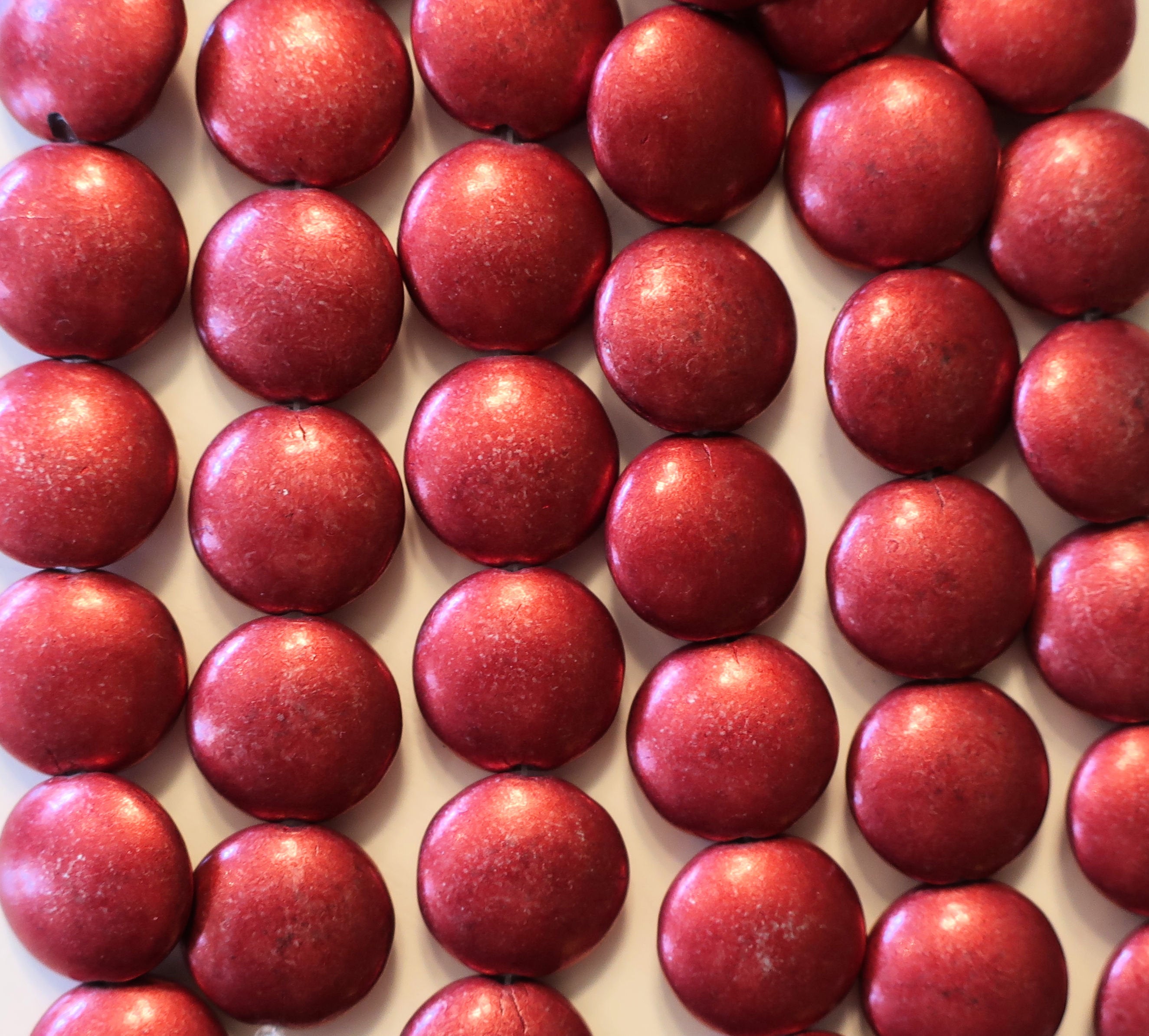 Lot of 8 Czech glass coin beads - 14mm puffy pillow beads - Saturated Matallic Aurora Red - C8701 - Glorious Glass Beads