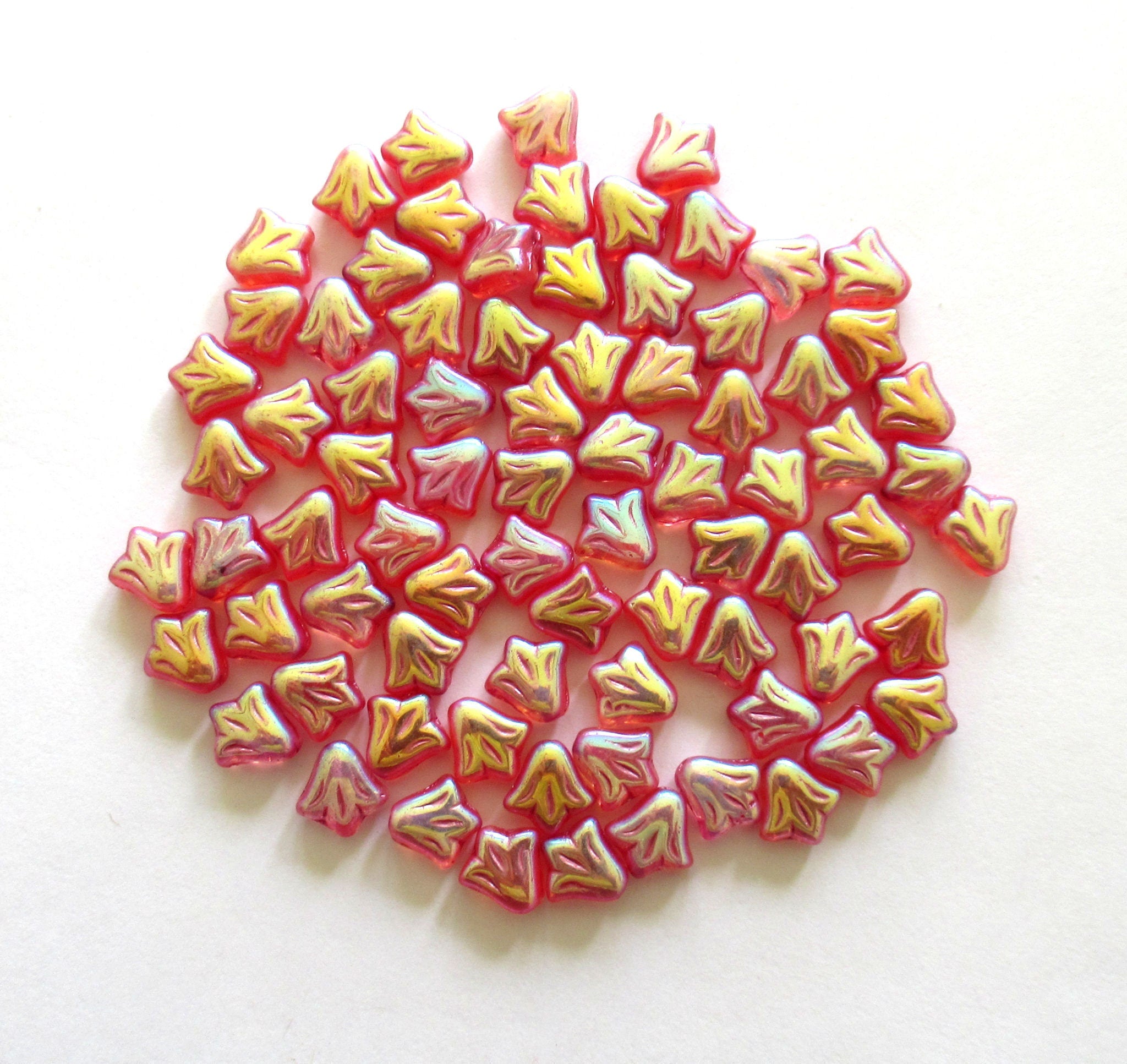 Lot of 25 9mm Czech glass flower beads - deep pink ab pressed glass lily flower beads C0087