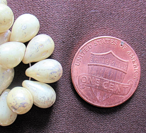 Lot of 25 Czech glass drop beads - opaque off white with a silvery mercury finish - smooth teardrop beads - 9 x 6mm C60101