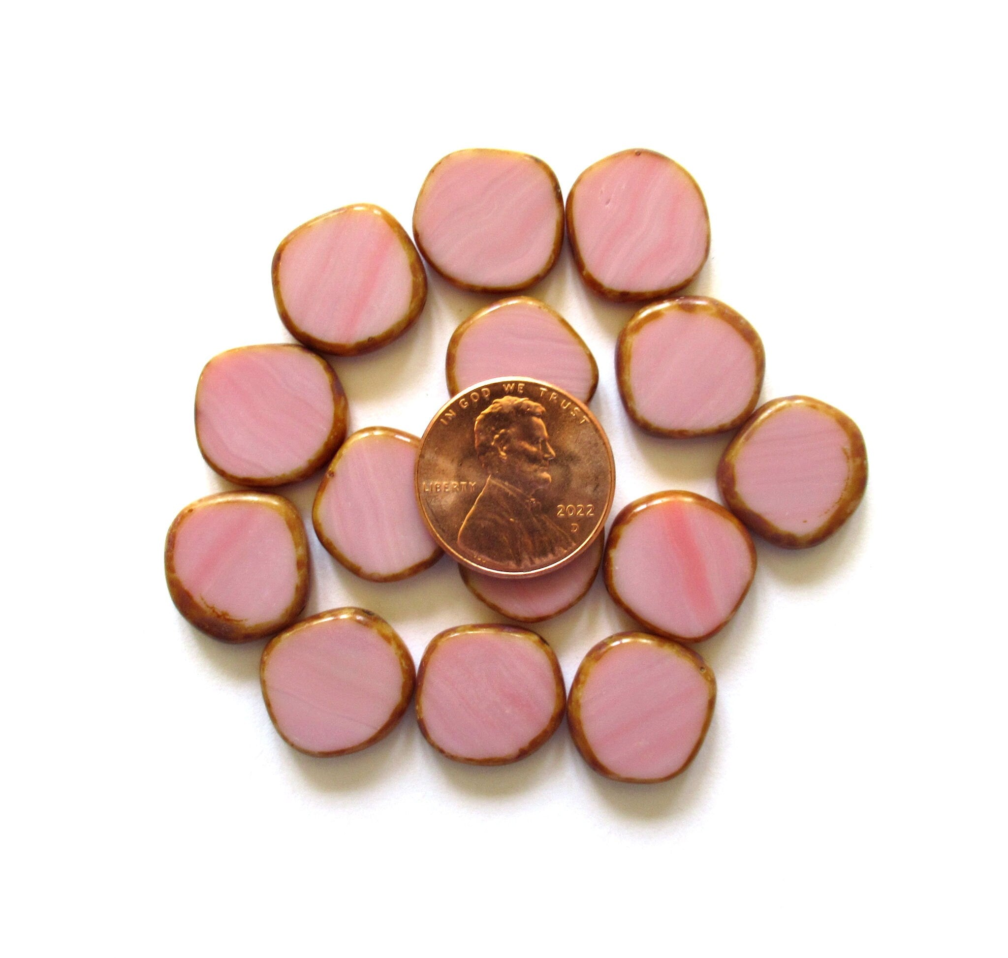 Six 15mm Czech glass asymmetrical coin or disc beads - opaque pink silk picasso table cut beads - C00531