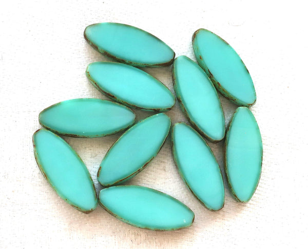 Ten 20 x 9mm, Sea-foam Green oblong, oval, table cut, picasso Czech glass spindle bead, large opaque almond shaped long tube beads C23201 - Glorious Glass Beads