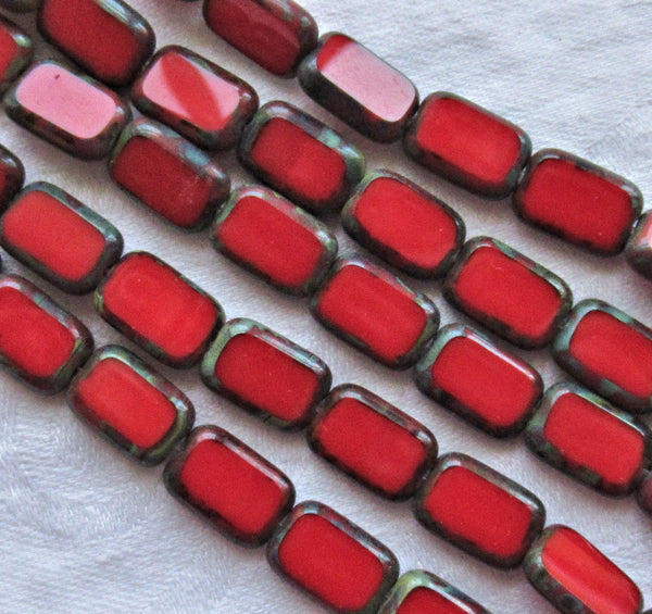 Lot of 24 rectangular Czech glass beads -table cut opaque bright red with a picasso finish, 12mm x 8mm, rectangle beads C37101
