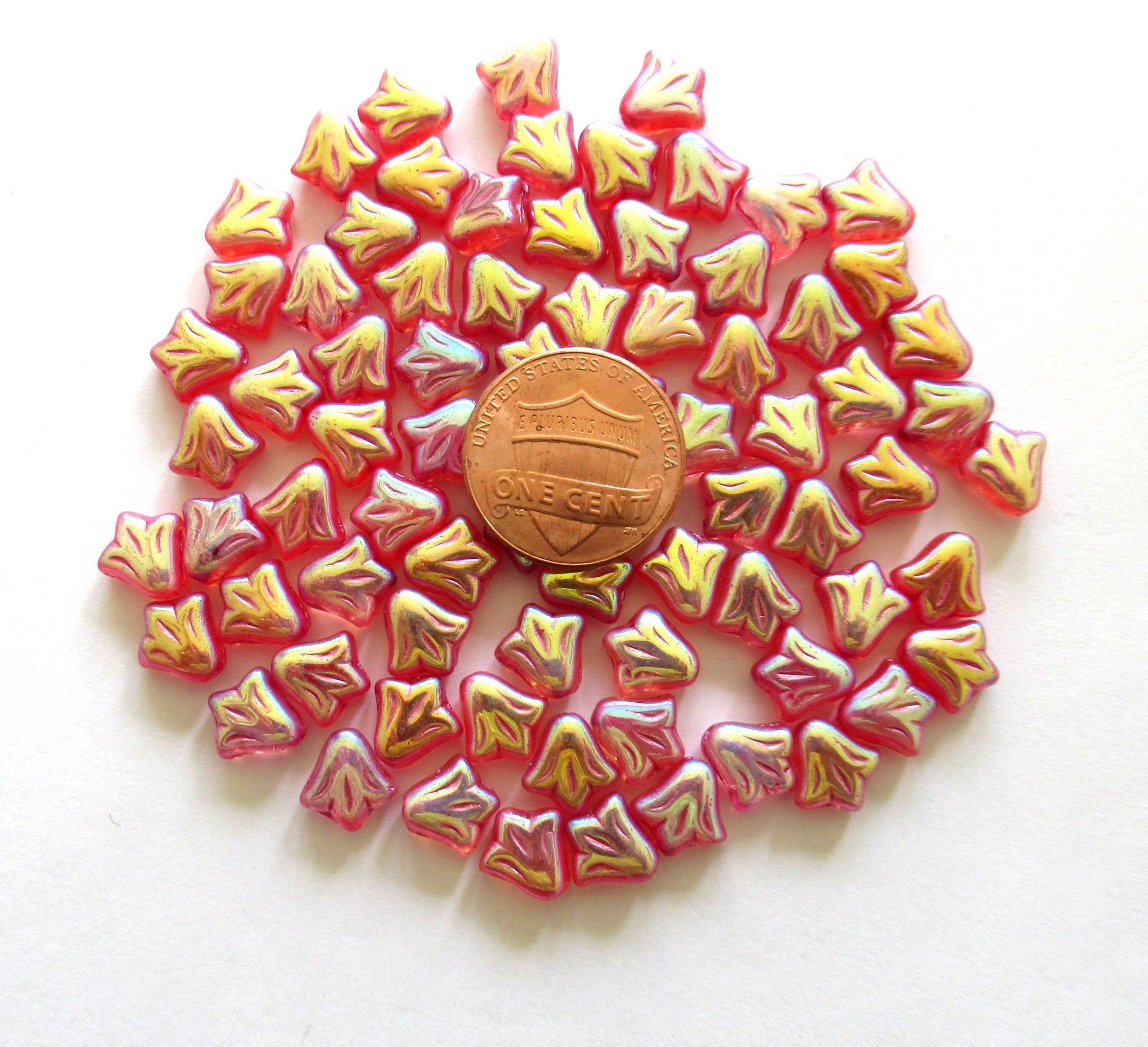 Lot of 25 9mm Czech glass flower beads - deep pink ab pressed glass lily flower beads C0087