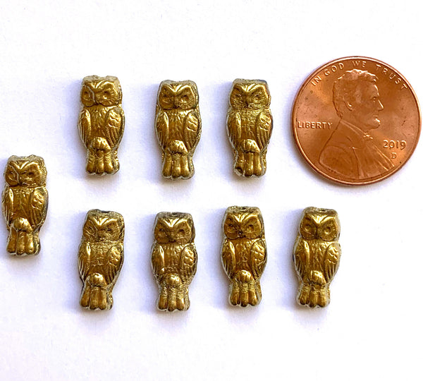 10 Czech glass owl beads - top drilled 7 x 15mm shiny gold pressed glass beads C0045