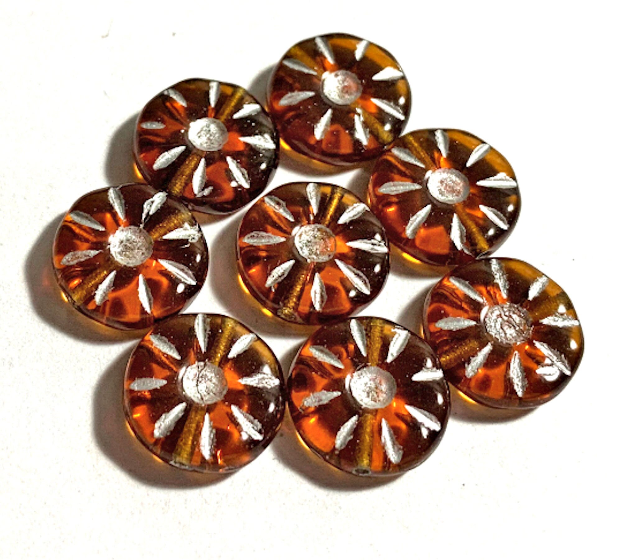 Eight 12mm Czech glass flower beads - round, carved, topaz or amber daisy, coin, disc or wheel beads w/ silver accents C0088