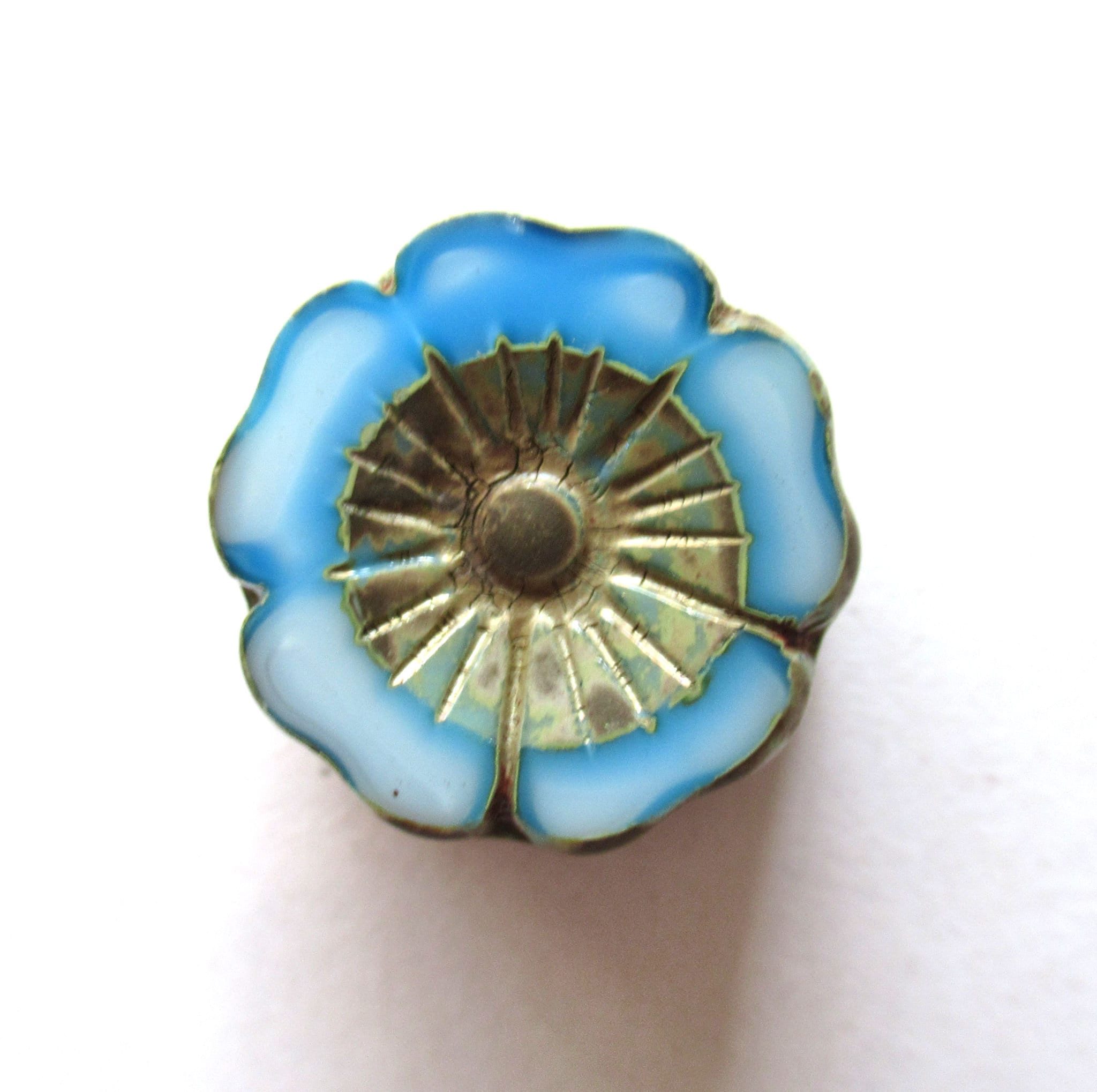 Two large 22mm Czech glass flower beads - Table cut carved marbled blue & white picasso beads - Hawaiian hibiscus focal flower beads - 00811