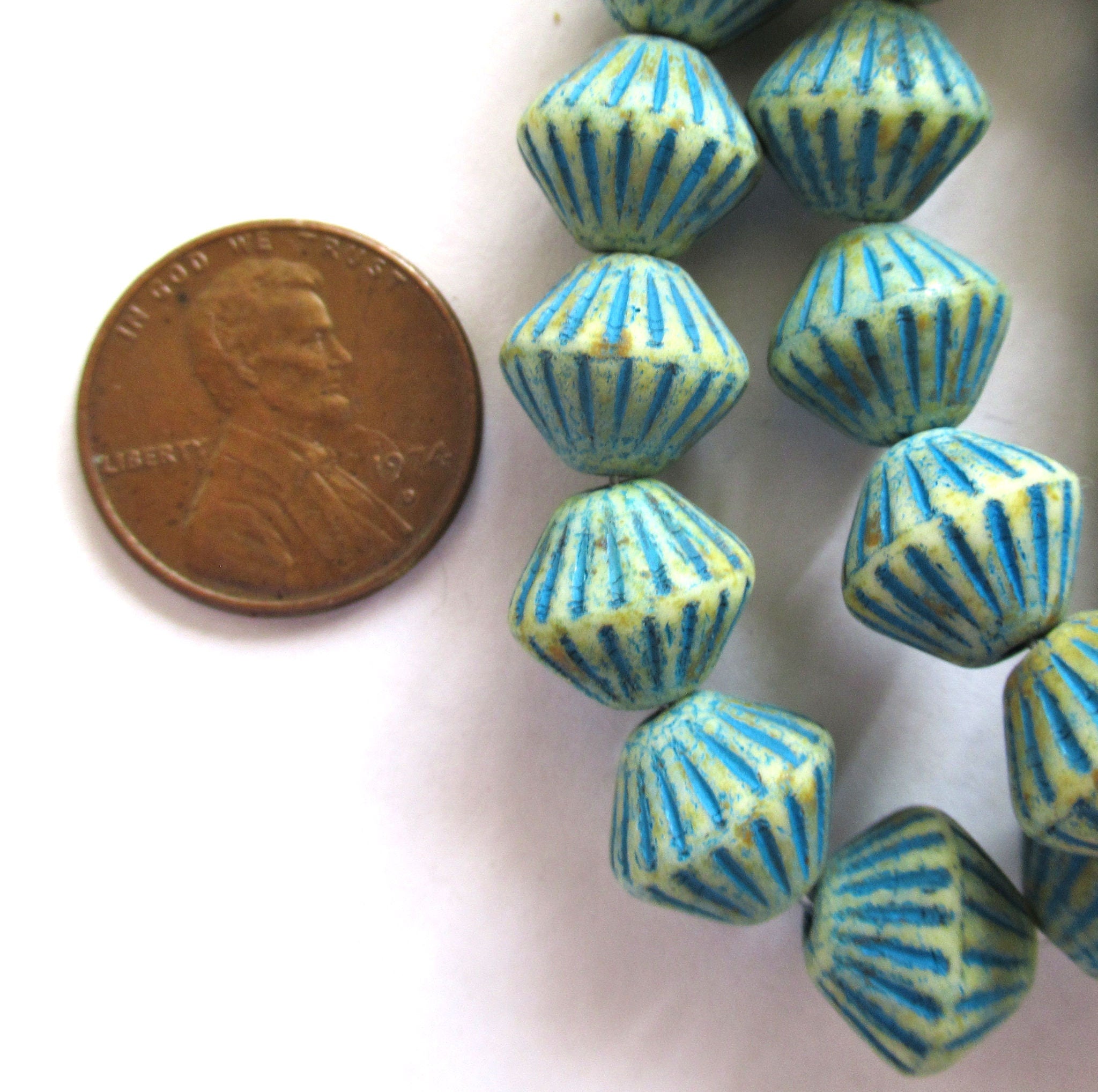 Five Czech glass bicones - 11mm x 10mm - opaque off white with a turquoise blue wash - carved, chunky, rustic bicone beads C0065