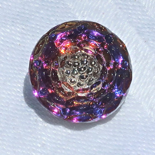 One 13mm Czech flower glass button - iridescent pink. purple & blue decorative shank button with platinum accents 09101