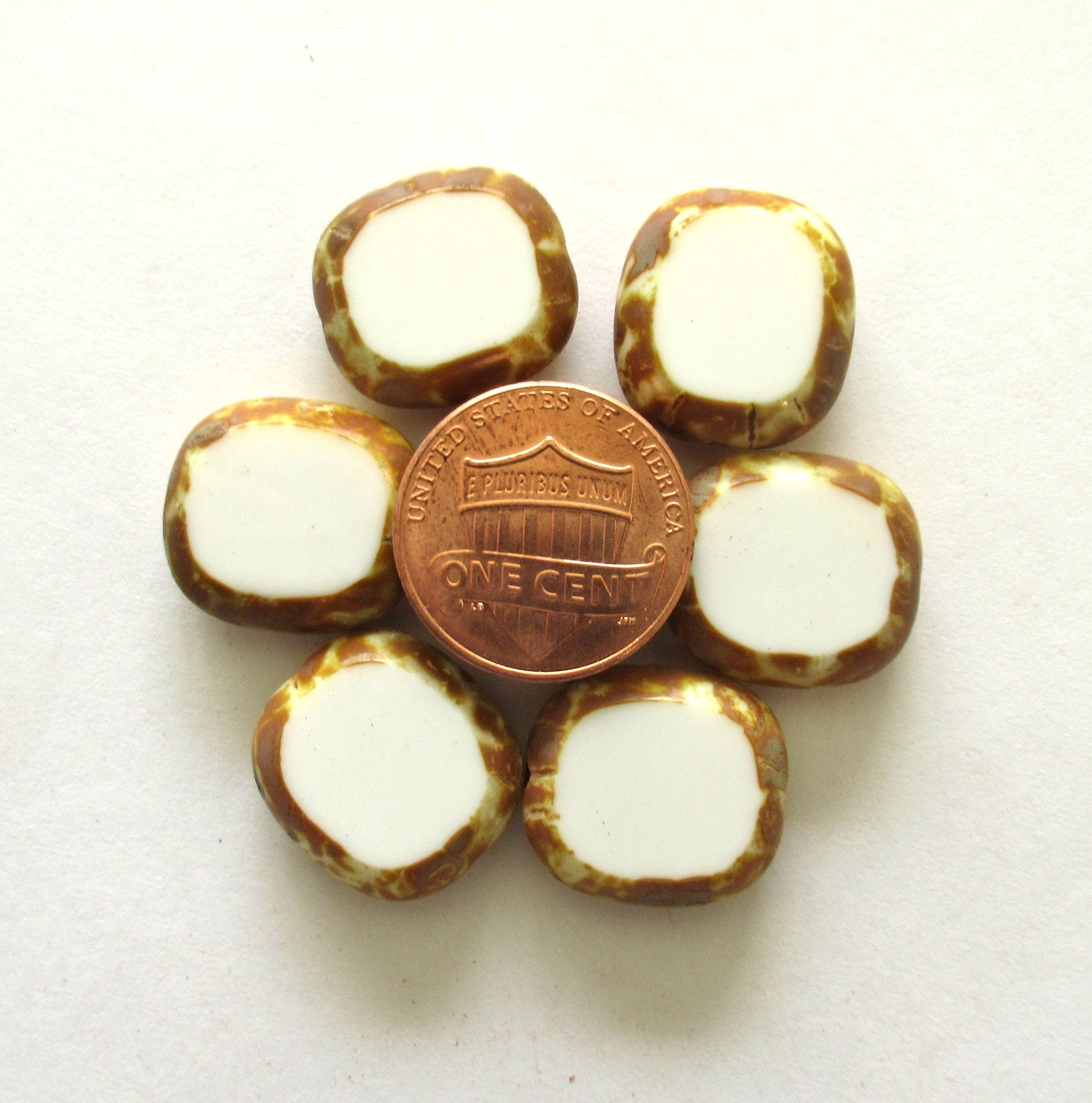 Six large Cech glass oval beads - 17 x 15mm thick chunky table cut opaque white picasso beads - C00081