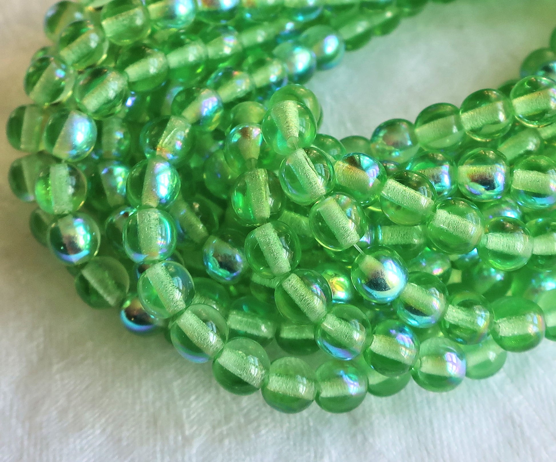 50 6mm Czech glass druks, peridot green AB smooth round druk beads C3701 - Glorious Glass Beads