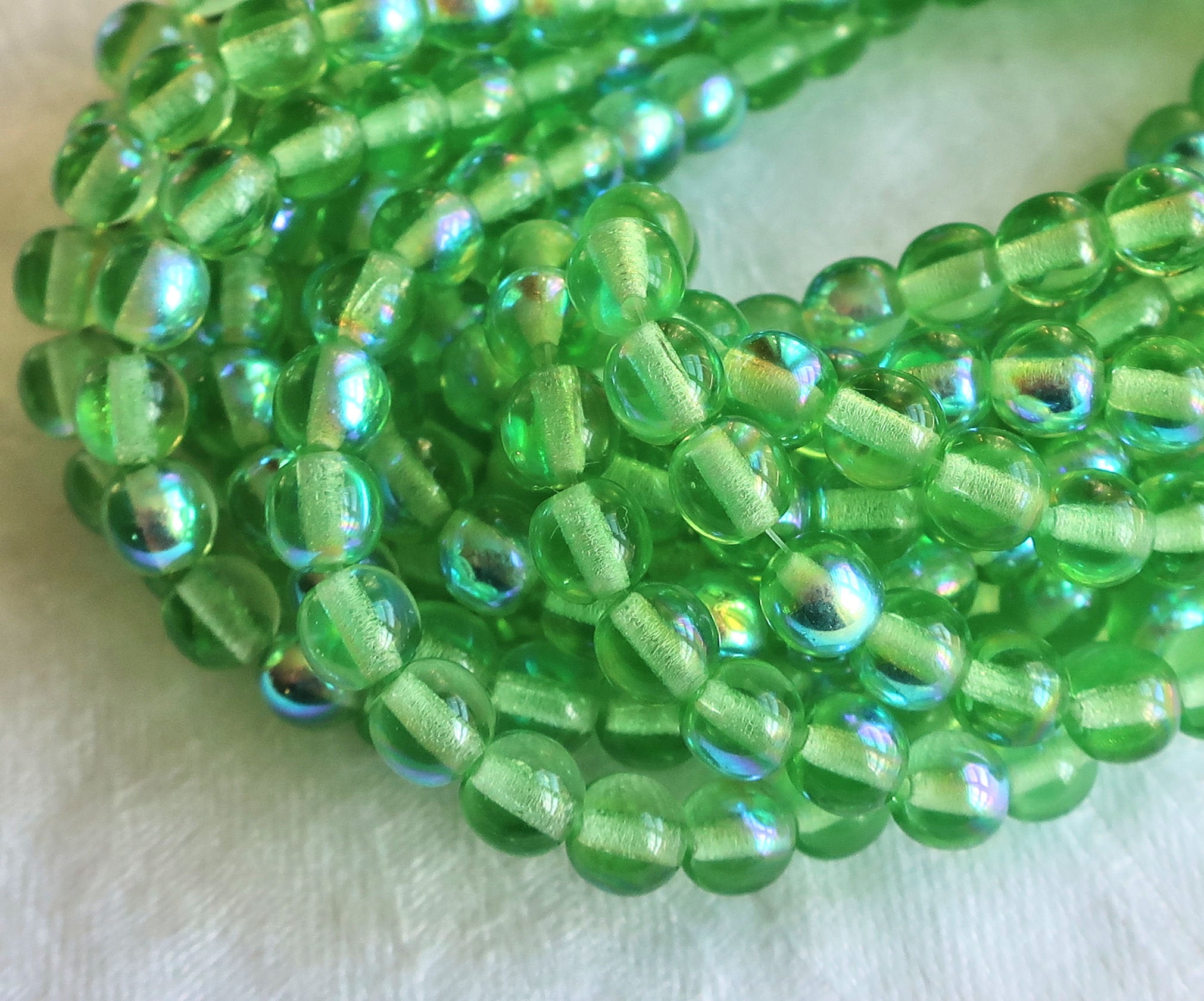 50 6mm Czech glass druks, peridot green AB smooth round druk beads C3701 - Glorious Glass Beads