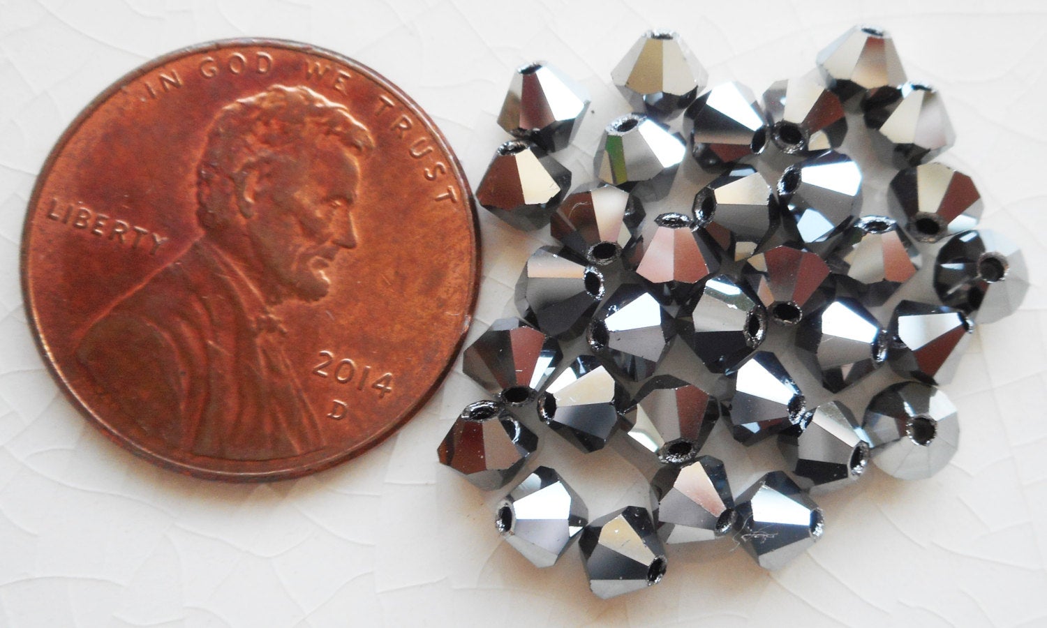 Lot of 24 4mm Czech opaque Hematite glass faceted bicone beads, Preciosa Crystal silver bicones 7401 - Glorious Glass Beads