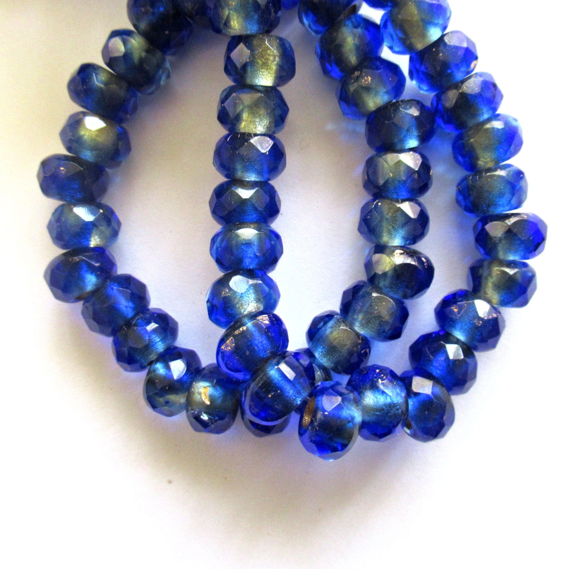 Ten Czech glass roller beads - 6 x 9mm sapphire blue gold lined, faceted roller, rondelle, big 3.5mm hole beads C00621