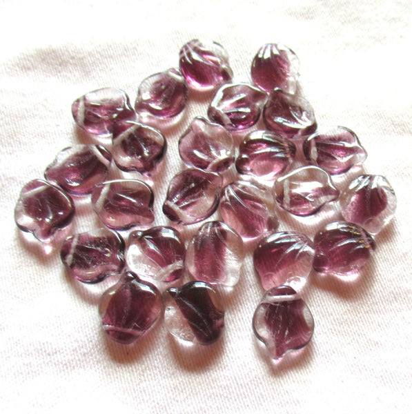 Ten 12 x 15m large Czech glass leaf beads, - crystal clear with streaks of purple or amethyst side drilled beads