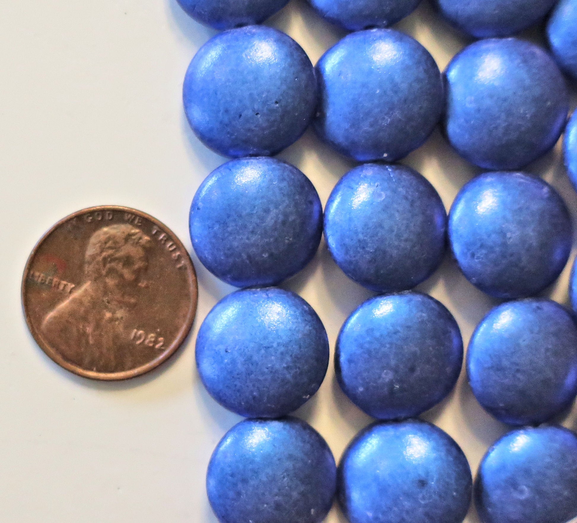 Lot of 8 Czech glass coin beads - 14mm puffy pillow beads - Satin Metallic Blue - C0601 - Glorious Glass Beads