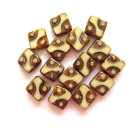 Ten 10 x 10mm Czech glass square beads - opaque off white picasso, table cut, carved dot beads - earthy, rustic beads - C00311