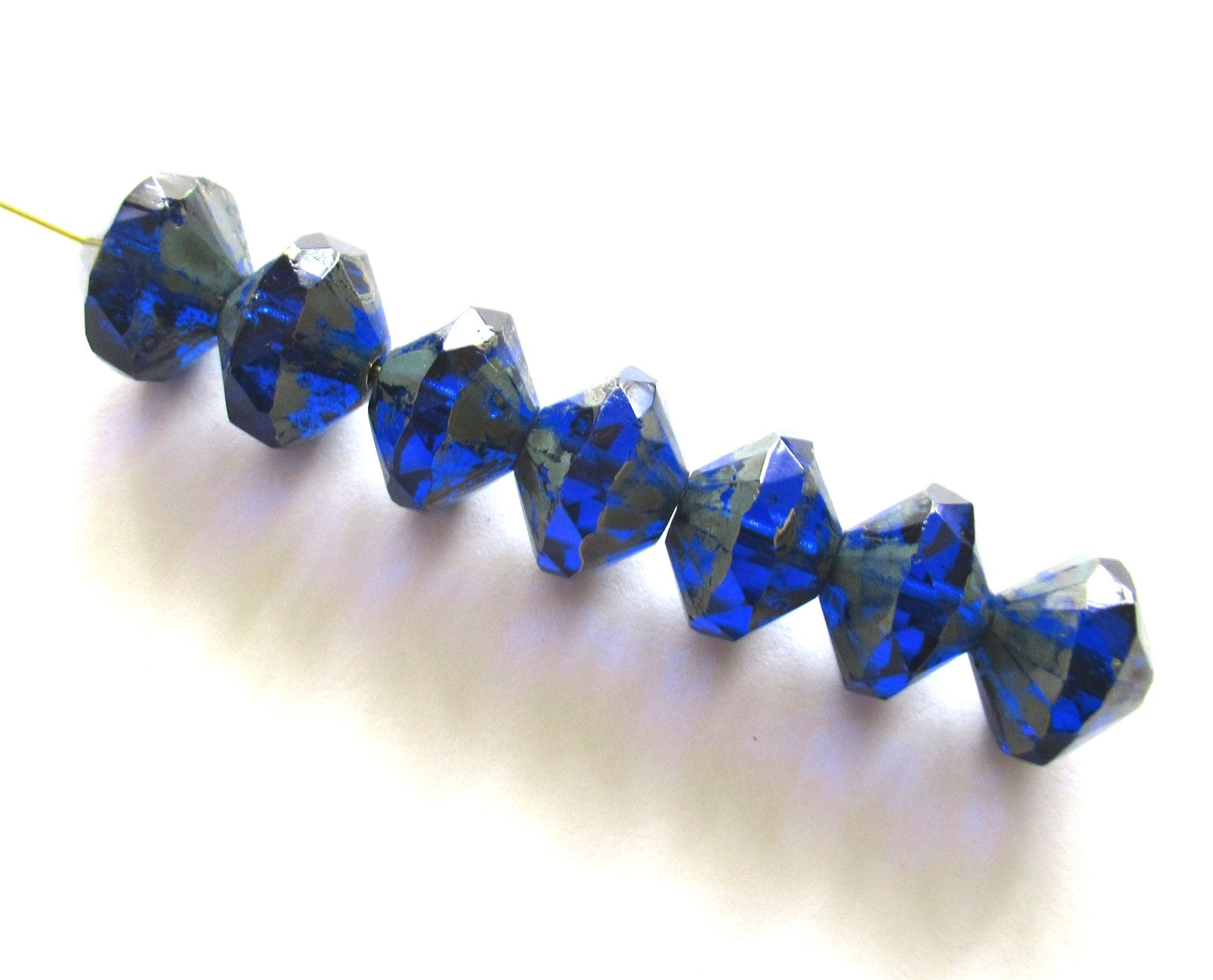 Lot of five Czech large glass faceted rivoli saucer beads - 9 x 13mm cobalt blue w/ picasso finish - chunky rustic earthy beads C00822