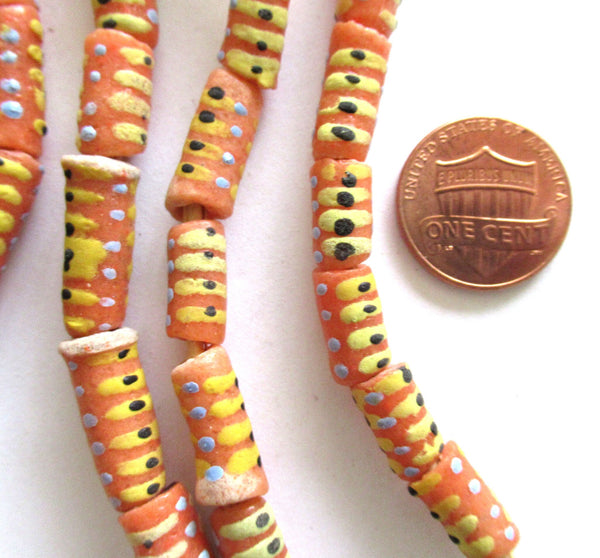 Lot of 5 sand cast African Ghana glass tube beads - 17 - 10mm by 6 - 7mm big hole orange patterned rustic, earthy beads - C0088