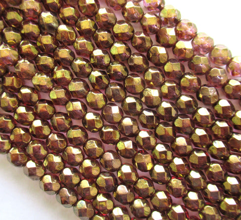 25 faceted round Czech glass beads - 6mm fire polished smoky topaz (brown) luster w/ gold finish beads - C0065