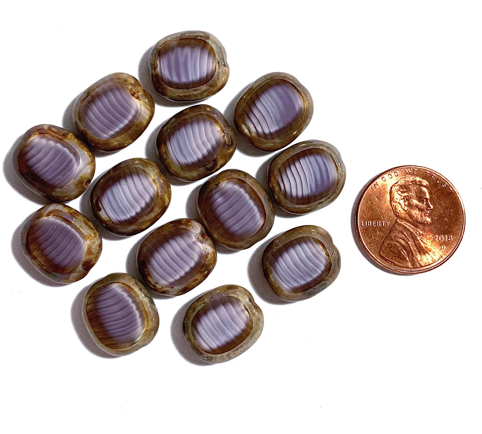 Six large silky oval Czech glass beads, 14 x 12mm amethyst purple marbled glass, flat table cut window beads with a picasso finish C0231