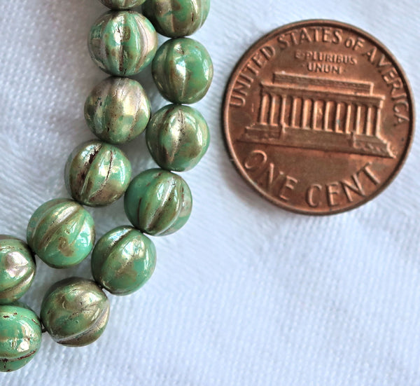 Lot of 25 6mm pressed Czech glass melon beads, turquoise green beads with gold accents C0901 - Glorious Glass Beads