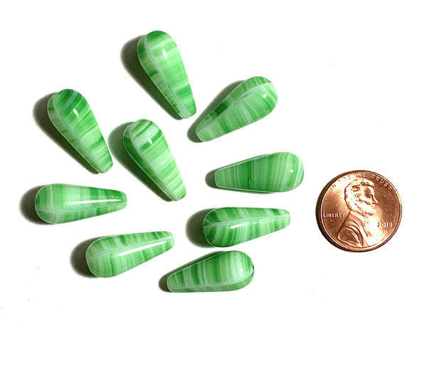 Six large Czech glass teardrop beads - 9 x 20mm green and white striped drop or pear beads - C0017