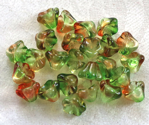 Lot of 25 8mm x 6mm Peach / Pear, orange & green Bell Flower Czech glass beads, multicolor pressed glass beads C5701 - Glorious Glass Beads