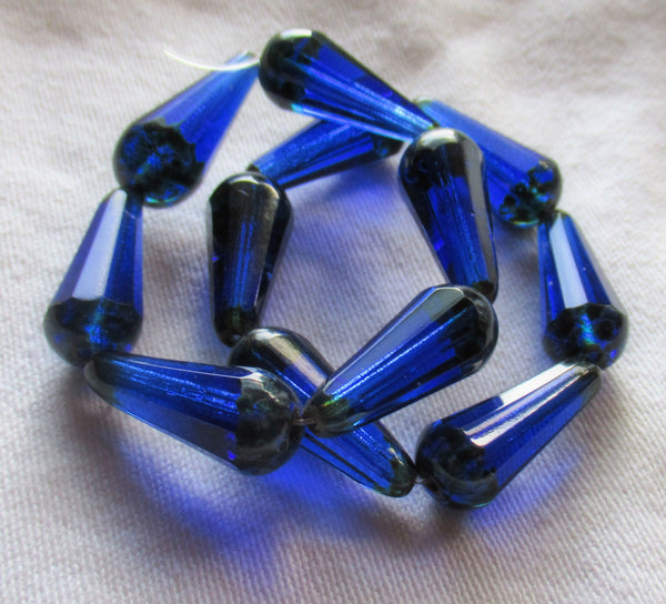 Six Czech glass long faceted teardrop beads - transparent sapphire blue w/ picasso finish on the ends - 9 x 20mm elongated tear drops 19106