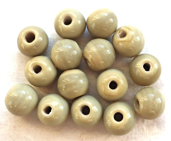 Ten 12mm Opaque beige, tan, light brown big large hole glass beads with 3mm holes, smooth round druk beads, Made in India C8501