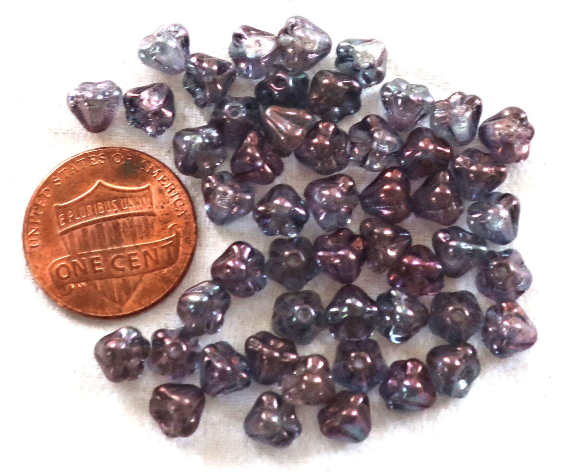 Lot of 50 6mm x 4mm Luster Transparent Amethst baby Bell Flower Czech glass beads, purple pressed glass beads C3801 - Glorious Glass Beads