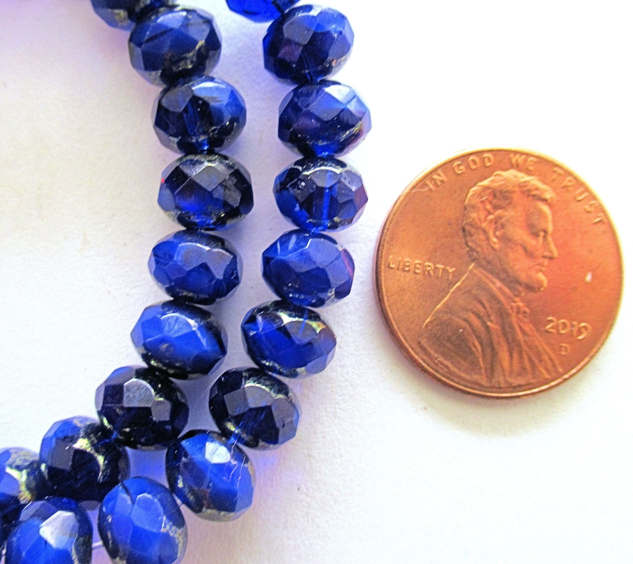 25 Czech glass puffy rondelle or donut beads - 5 x 7mm transparent & opaque cobalt blue mix beads- fire polished faceted beads 00021
